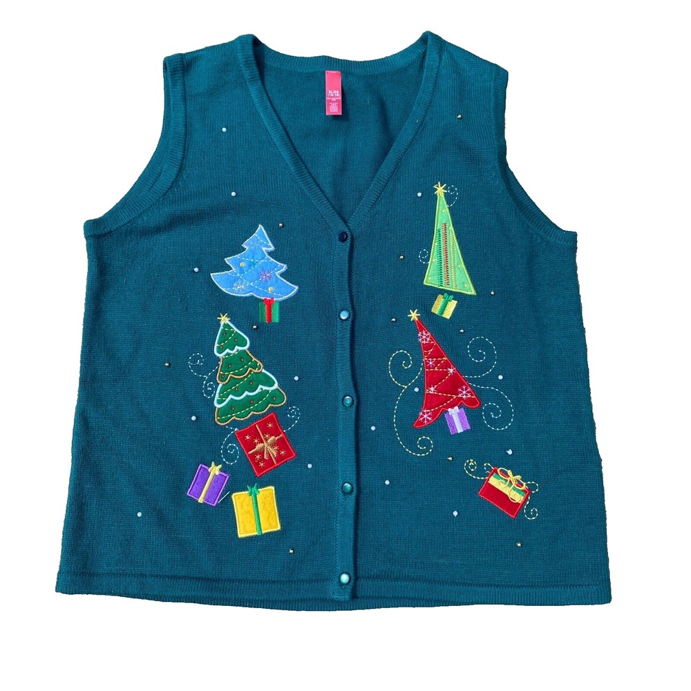 Ugly Christmas Sweater Vest Women's‎ XL 14-16 Green Holiday Full Button Up Trees